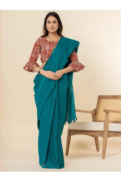 Turquoise Plain Mull Cotton Saree