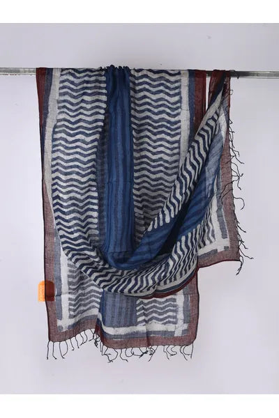 Indigo Block Print Linen Dupatta - Desi Weaves