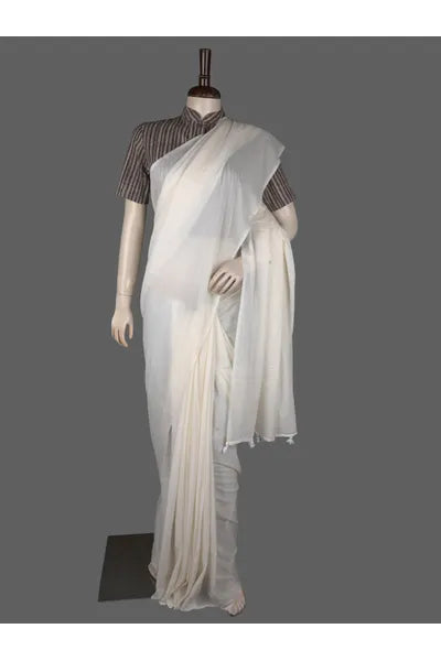 Off White Plain Mull Cotton Saree