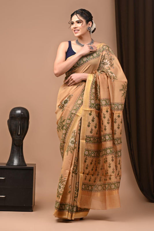 Block Print Maheshwari Cotton Silk Saree