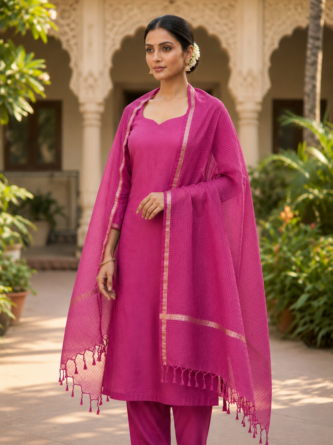 Magenta Zari Border Kota Doria Plain Dupatta