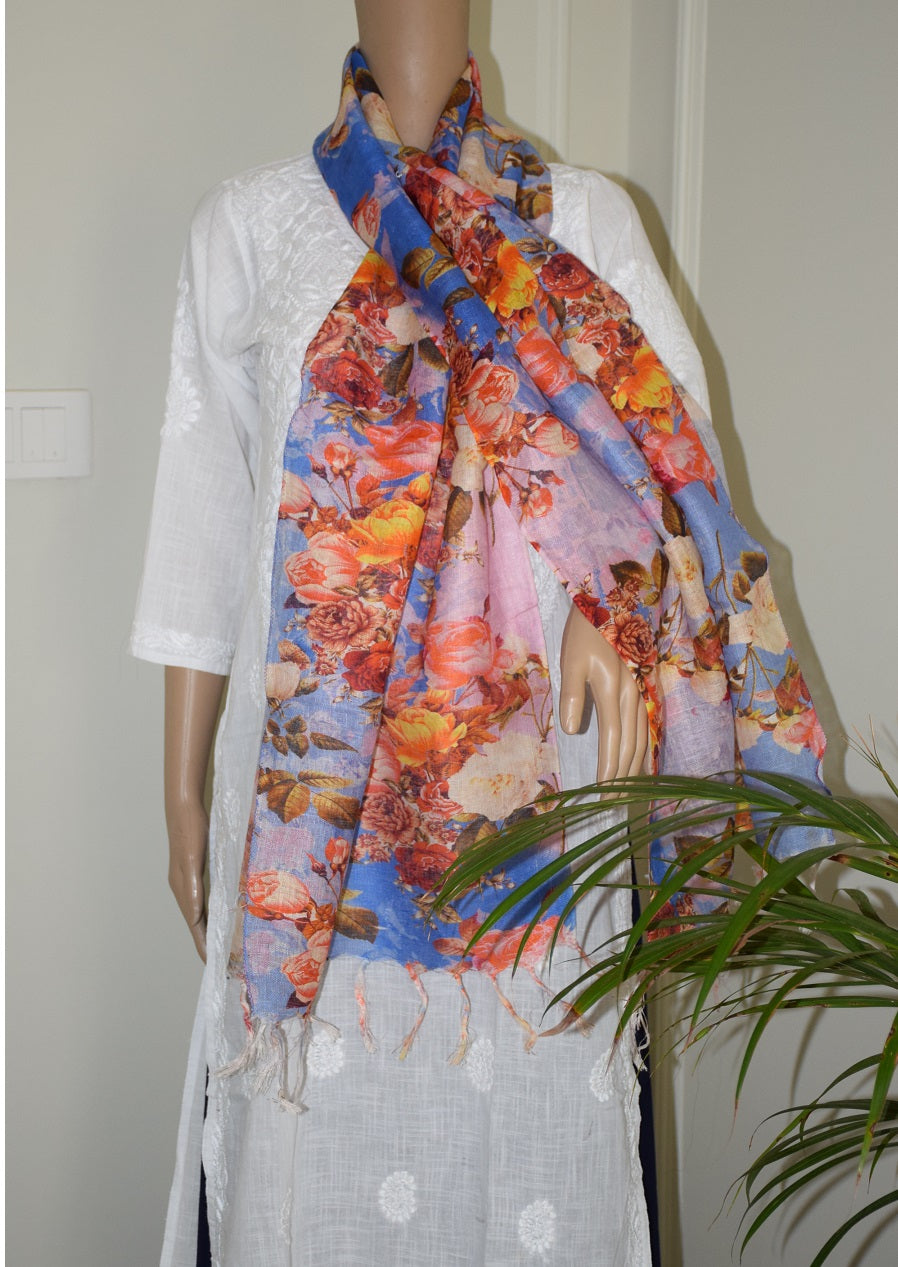 Pink & blue digital printed pure linen stole - Desi Weave