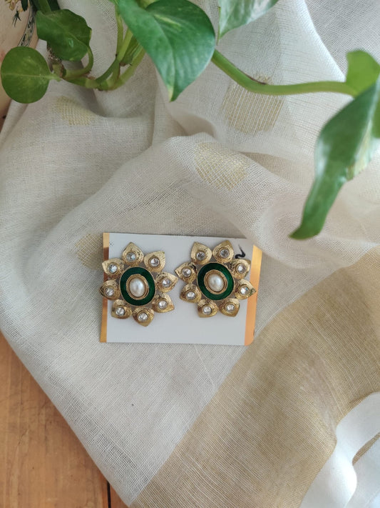 Floral Golden & Green Brass Earrings