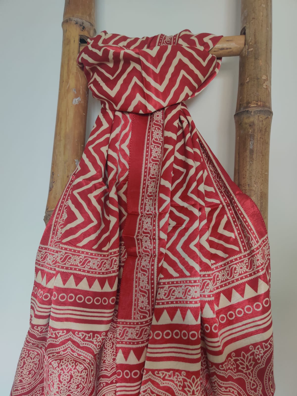 Iris red printed ajrakh mashru stole