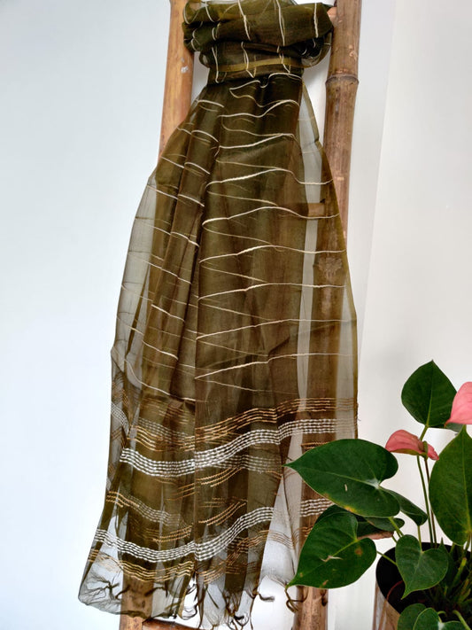 Deep Olive Handwoven Organza Tussar Silk Dupatta