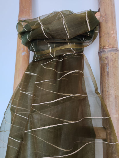 Deep Olive Handwoven Organza Tussar Silk Dupatta