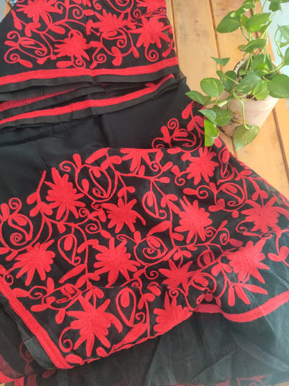 Black & Red Supernet Ari Work Embroidered Saree - Desi Weave