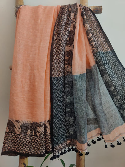 Peach & black pure linen saree