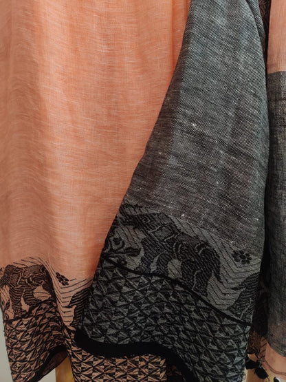 Peach & black pure linen saree