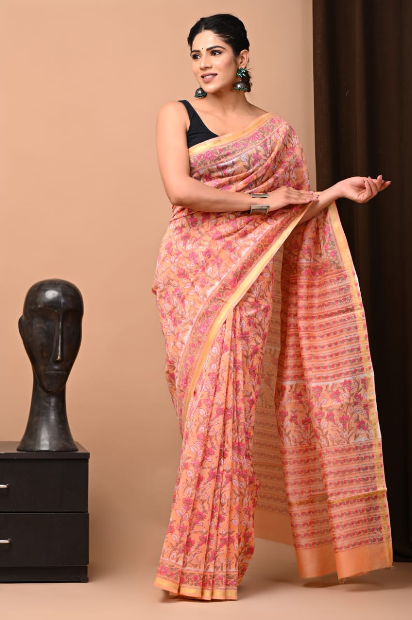 Peach Glow Block Print Chanderi Silk Saree