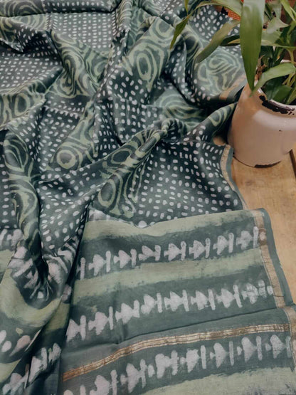 Soaked Olives Sanganeri Block Print Chanderi Silk Dupatta