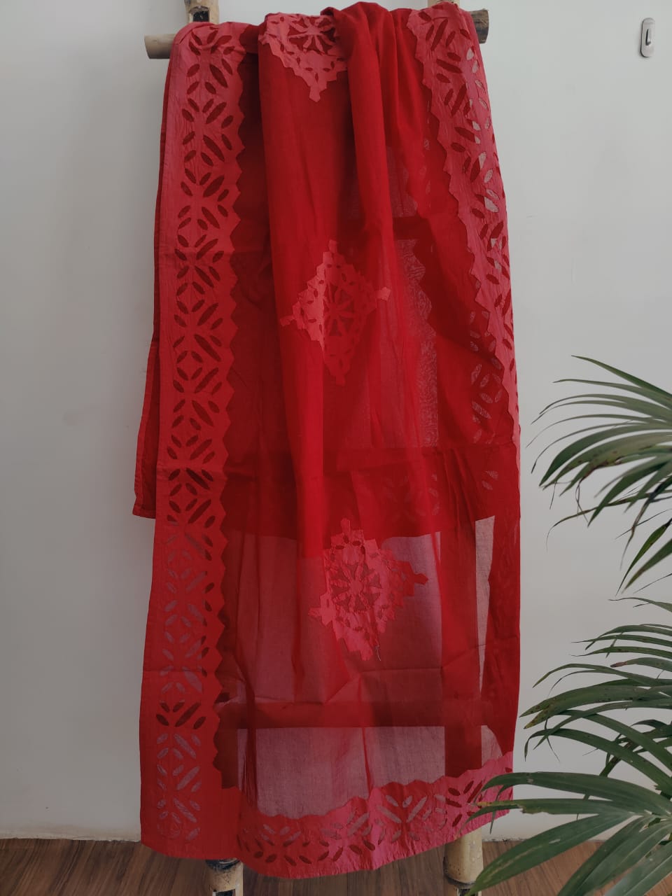 Red Applique Stitch Cotton Dupatta