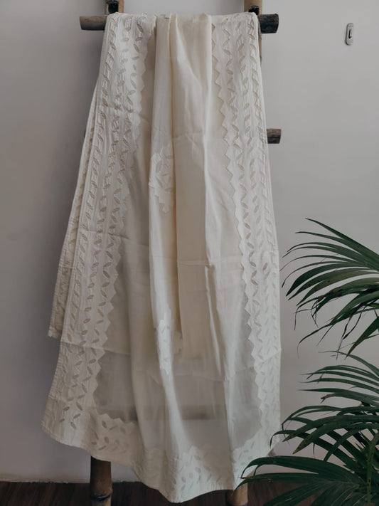 Off White Handcrafted Applique Work Cotton Dupatta