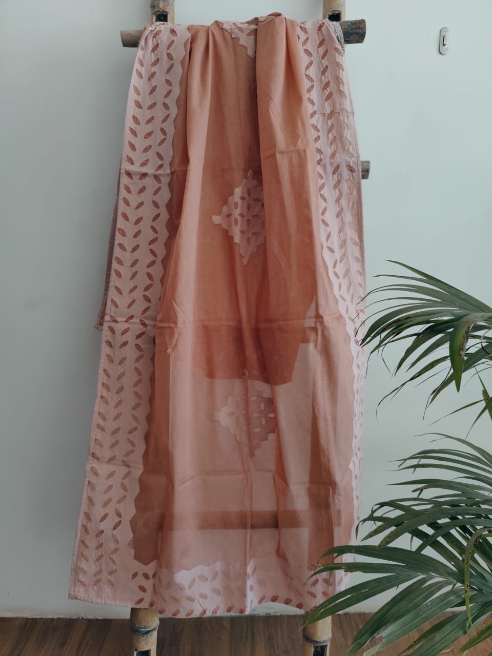 Peach Handcrafted Applique Work Cotton Dupatta