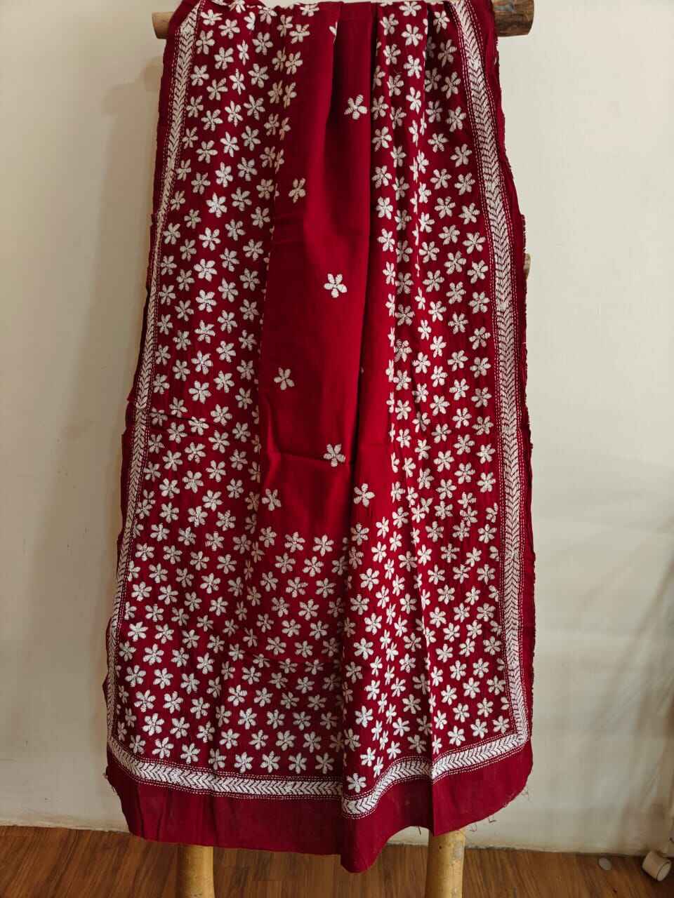 Deep Red Pure Cotton Hand Embroidered Kantha Stitch Dupatta