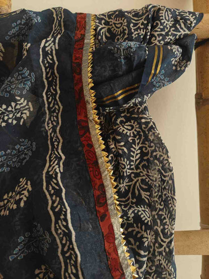 Indigo Blue Block Print Gota Work Mull Cotton Dupatta