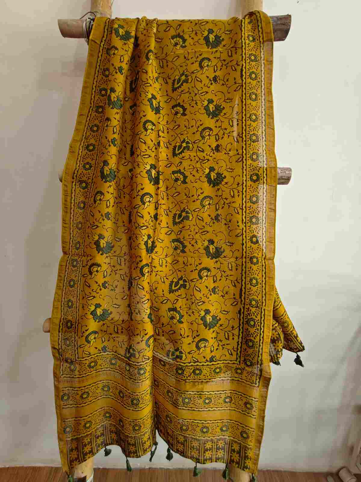 Yellow ajrakh handblock printed chanderi silk stole