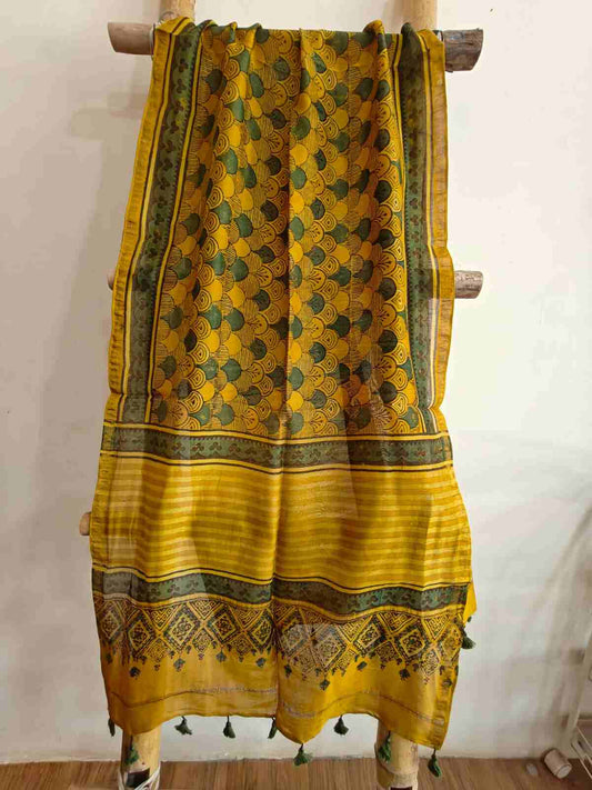 Yellow ajrakh handblock printed chanderi stole