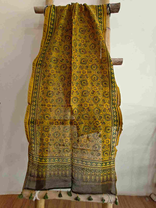 Yellow ajrakh handblock printed chanderi silk stole