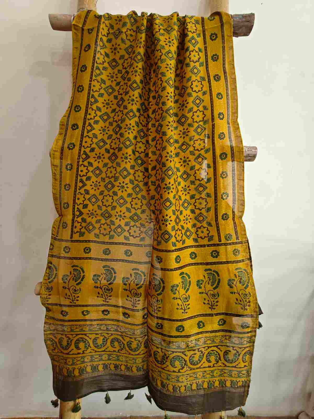 Yellow ajrakh handblock printed chanderi silk stole