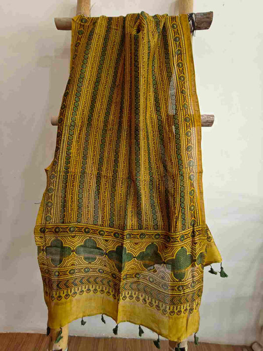 Yellow ajrakh handblock printed chanderi silk stole