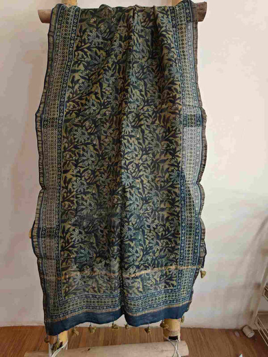 Blue ajrakh handblock printed chanderi silk stole