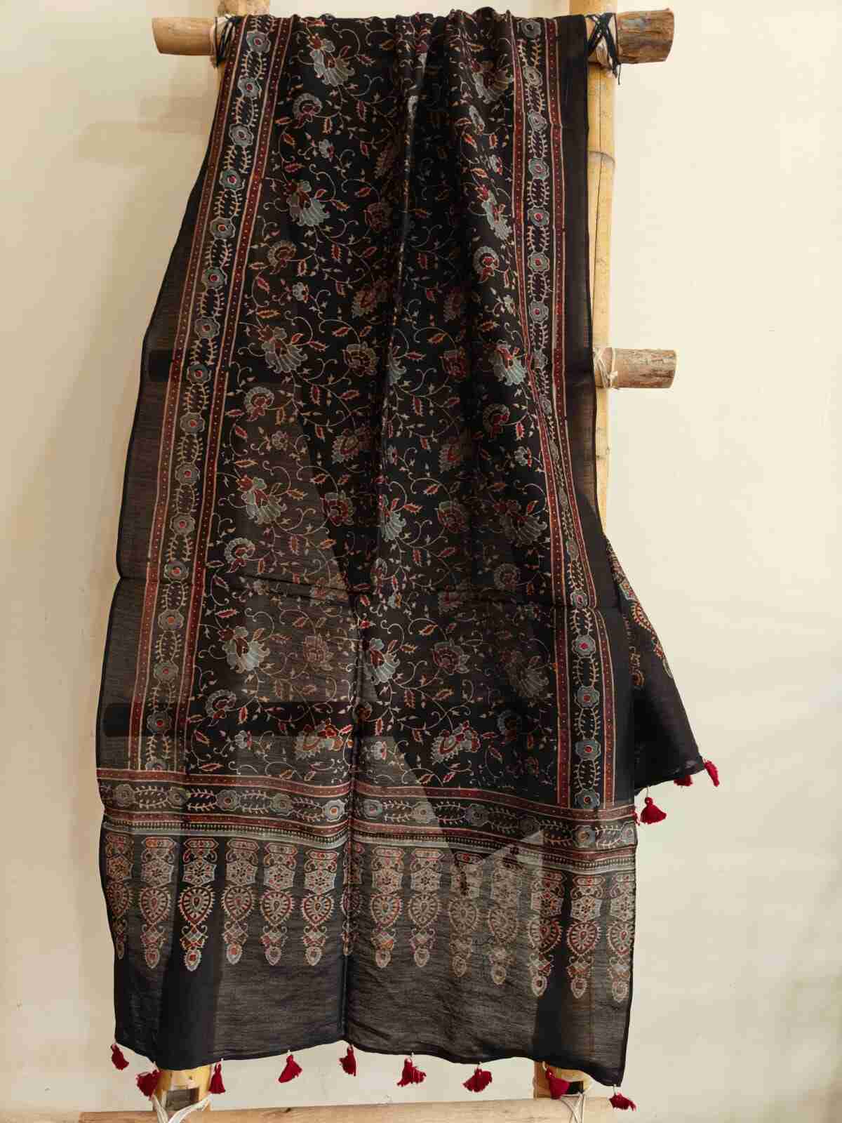 Black ajrakh handblock printed chanderi silk stole