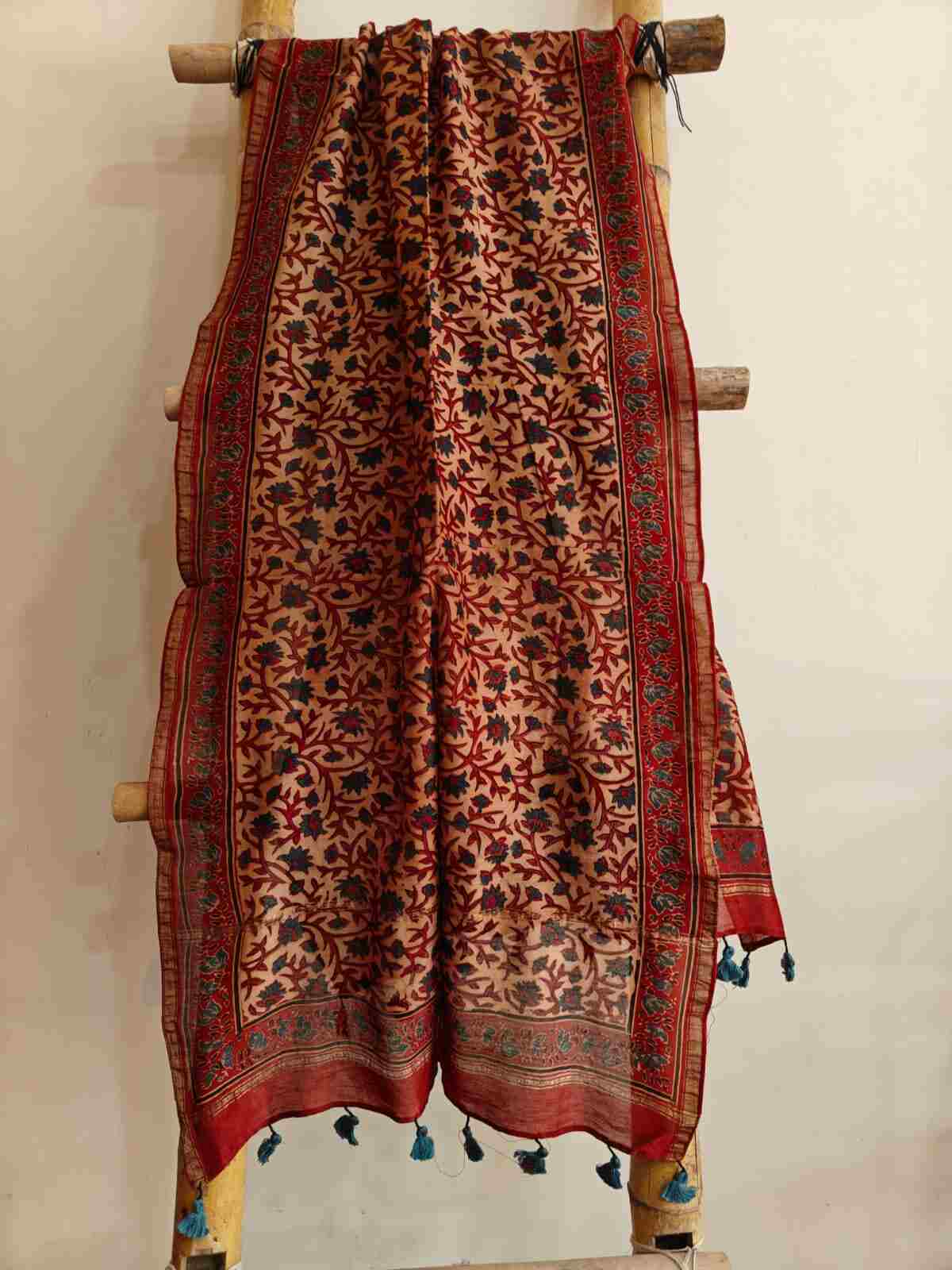 Red ajrakh handblock printed chanderi silk stole