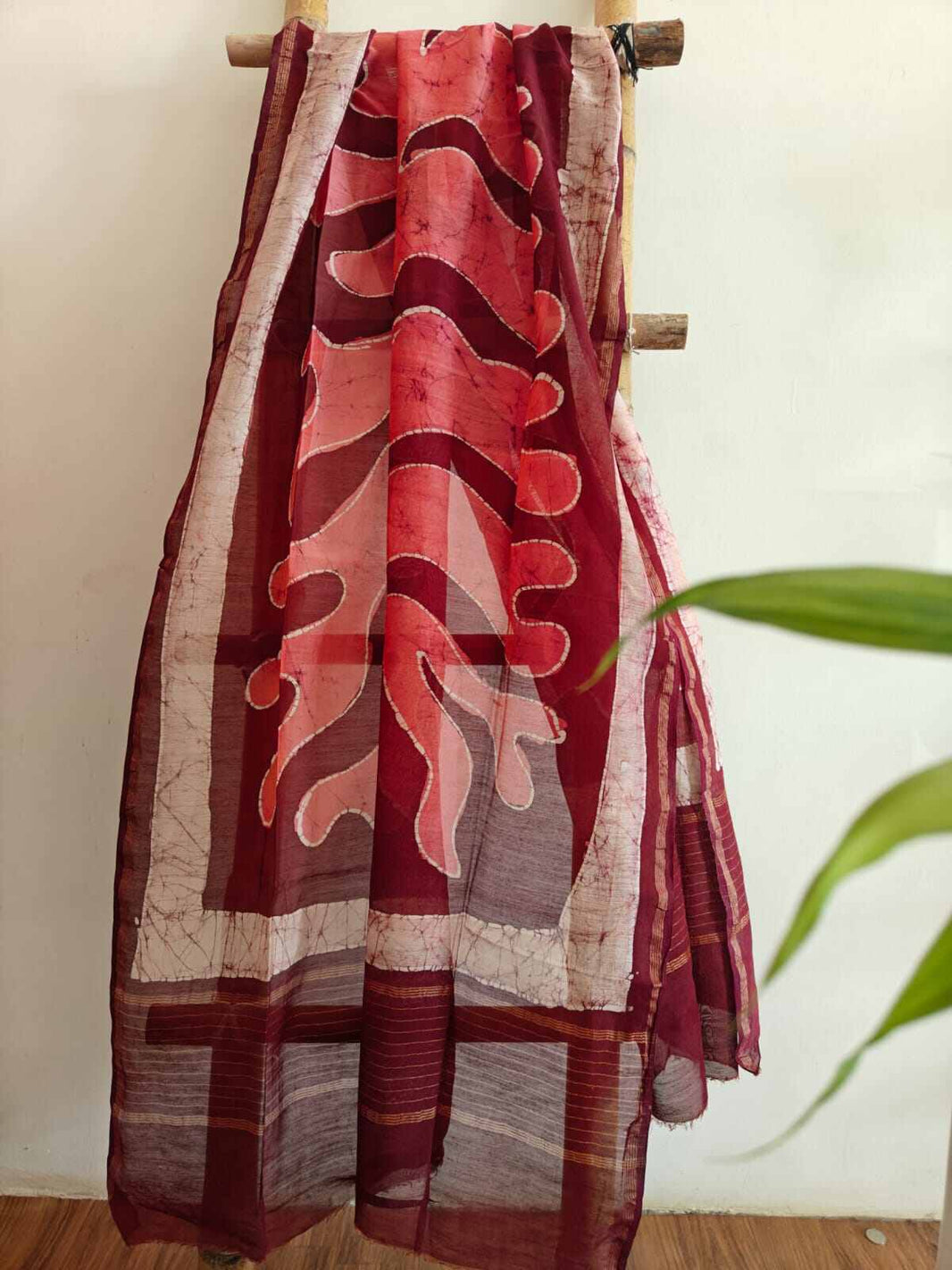 Red Chanderi Handloom Cotton Silk Dupatta with Golden Butti and Motifs