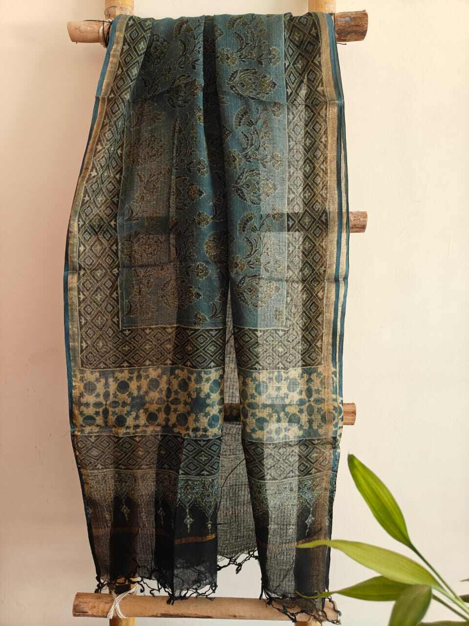 Desi Weaves Olive Forest Ajrakh Handblock Print Kota Doria Dupatta