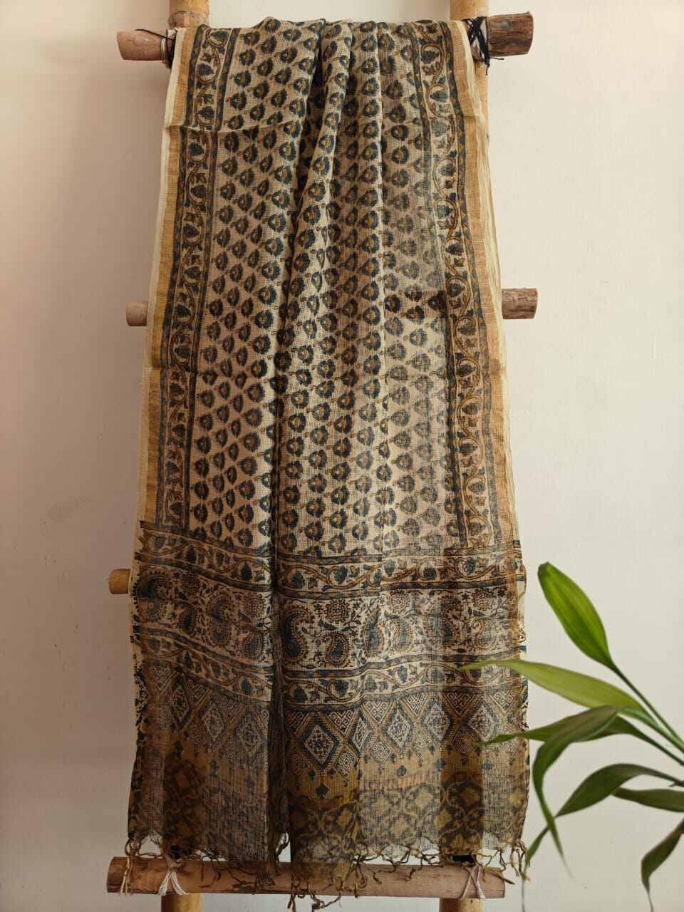 Desi Weaves Persian Beauty Ajrakh Block Print Kota Doria Dupatta