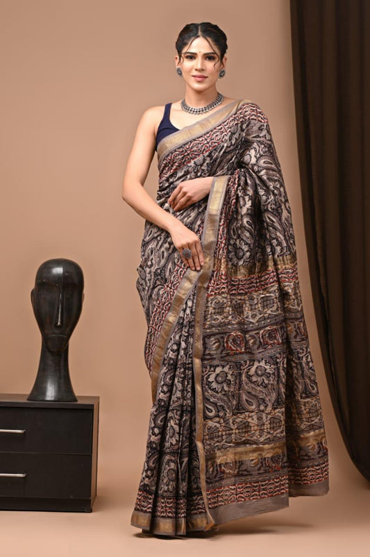 Block Print Maheshwari Cotton Silk Saree