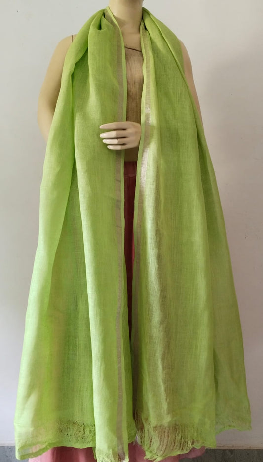 Pista Green Silver Zari Border Pure Linen Dupatta