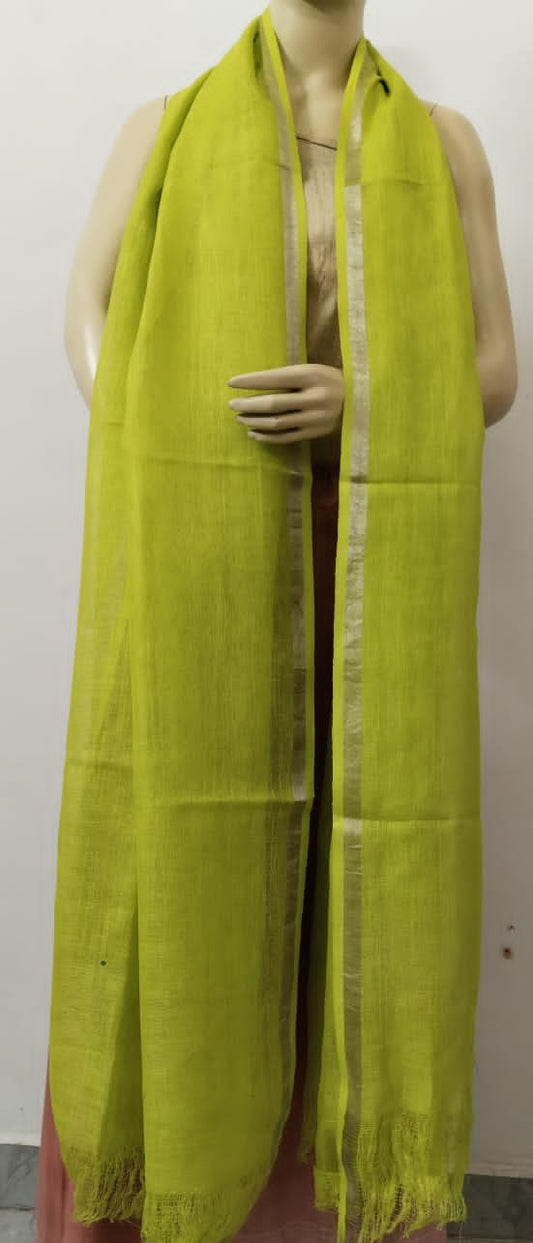 Neon Green Silver Zari Border Pure Linen Dupatta