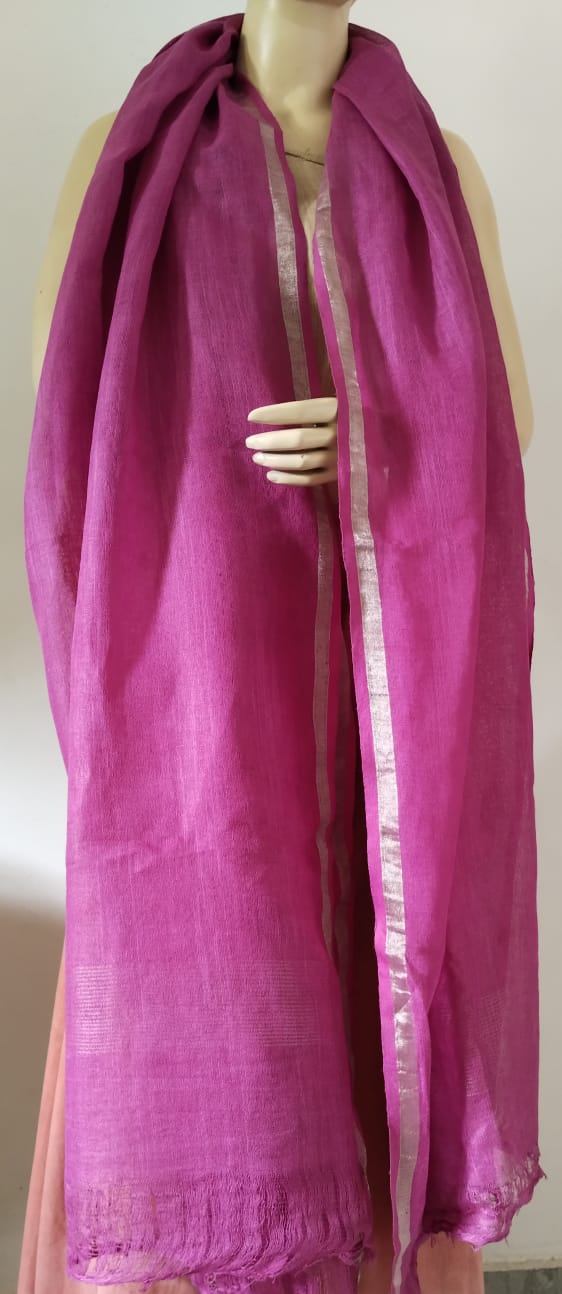 Magenta Silver Zari Border Pure Linen Dupatta