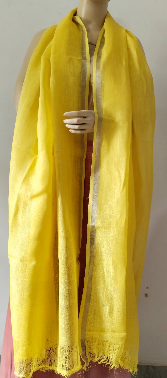 Yellow Silver Zari Border Pure Linen Dupatta