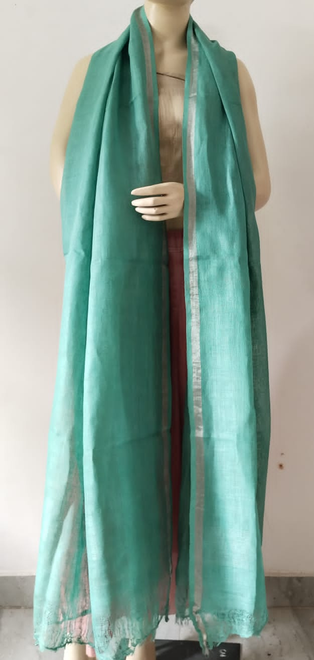 Sea Green Silver Zari Border Pure Linen Dupatta