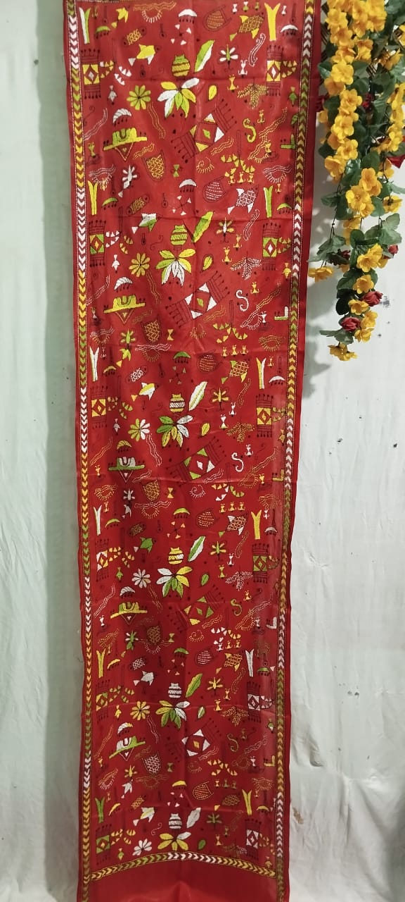 Hand Embroidered Bengal Kantha Stitch Bangalore Silk Stole