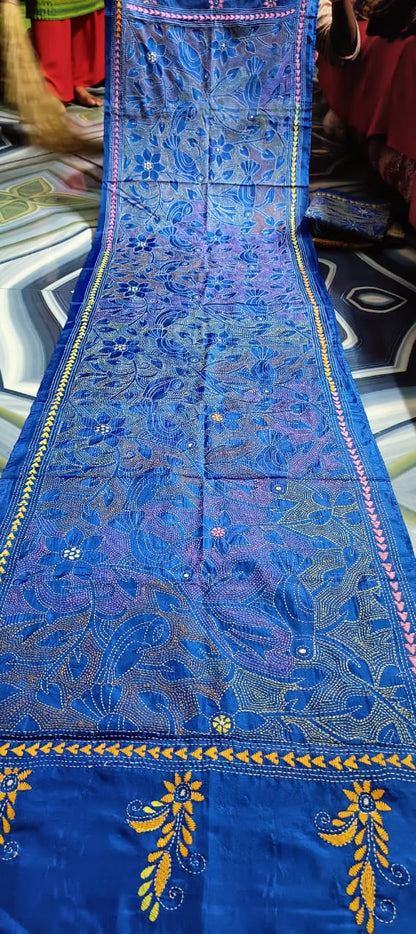 Royal Hand Embroidered Bengal Kantha Stitch Silk Stole