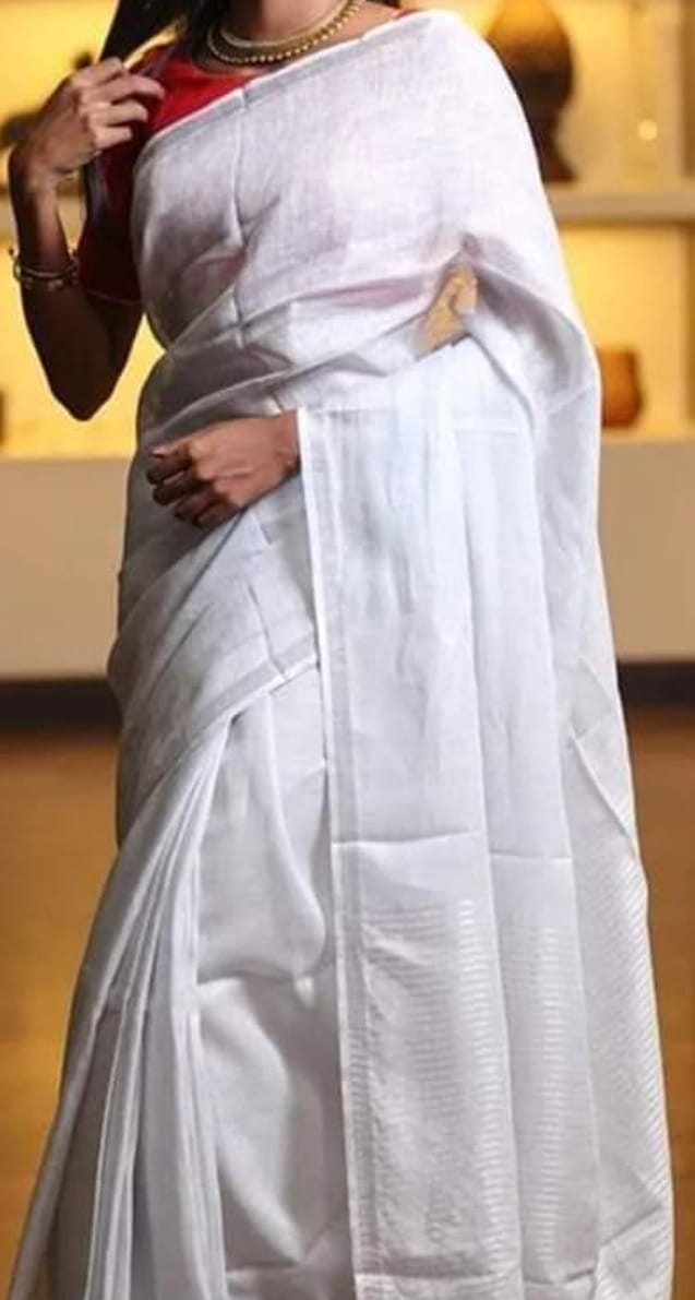 White Color Pure Linen Saree