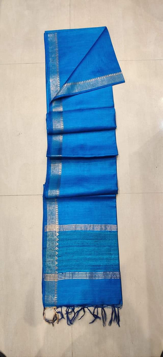 Bright Blue Handloom Pure Munga Tussar Silk Saree