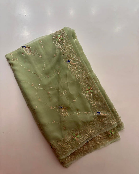 Pure Chiffon Hand Embroidered Saree With Blouse