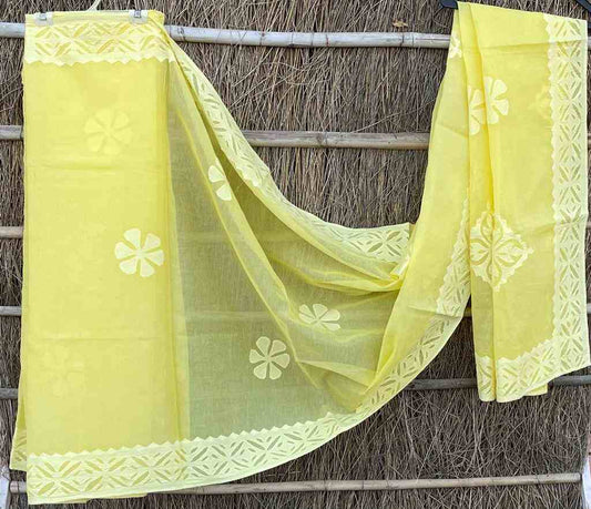 Lemon Hand Stitched Applique Work Organdy Cotton Saree