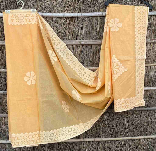 Hand Stitched Applique Work Organdy Cotton Saree