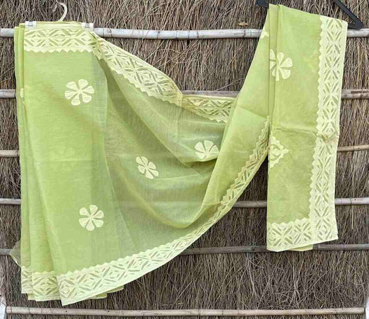 Pista Hand Stitched Applique Work Organdy Cotton Saree