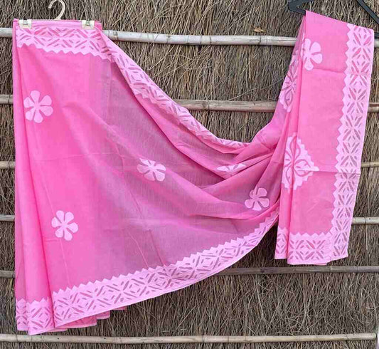 Dark Pink Hand Stitched Applique Work Organdy Cotton Saree