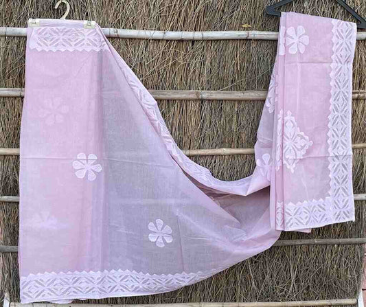 Pink Hand Stitched Applique Work Organdy Cotton Saree