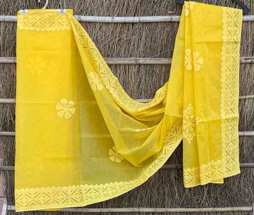 Yellow Hand Stitched Applique Work Organdy Cotton Saree