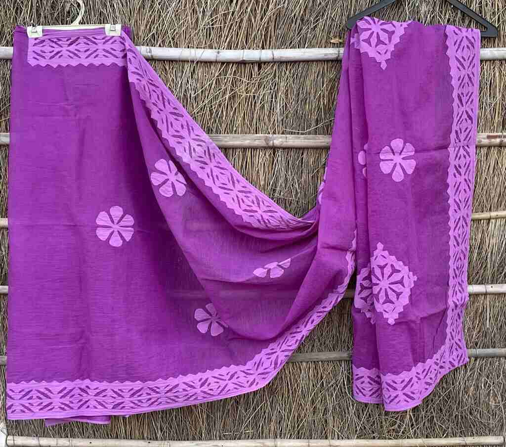 Hand Stitched Applique Work Organdy Cotton Saree