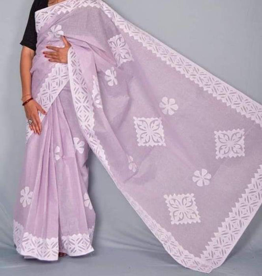 Hand Stitched Applique Work Organdy Cotton Saree